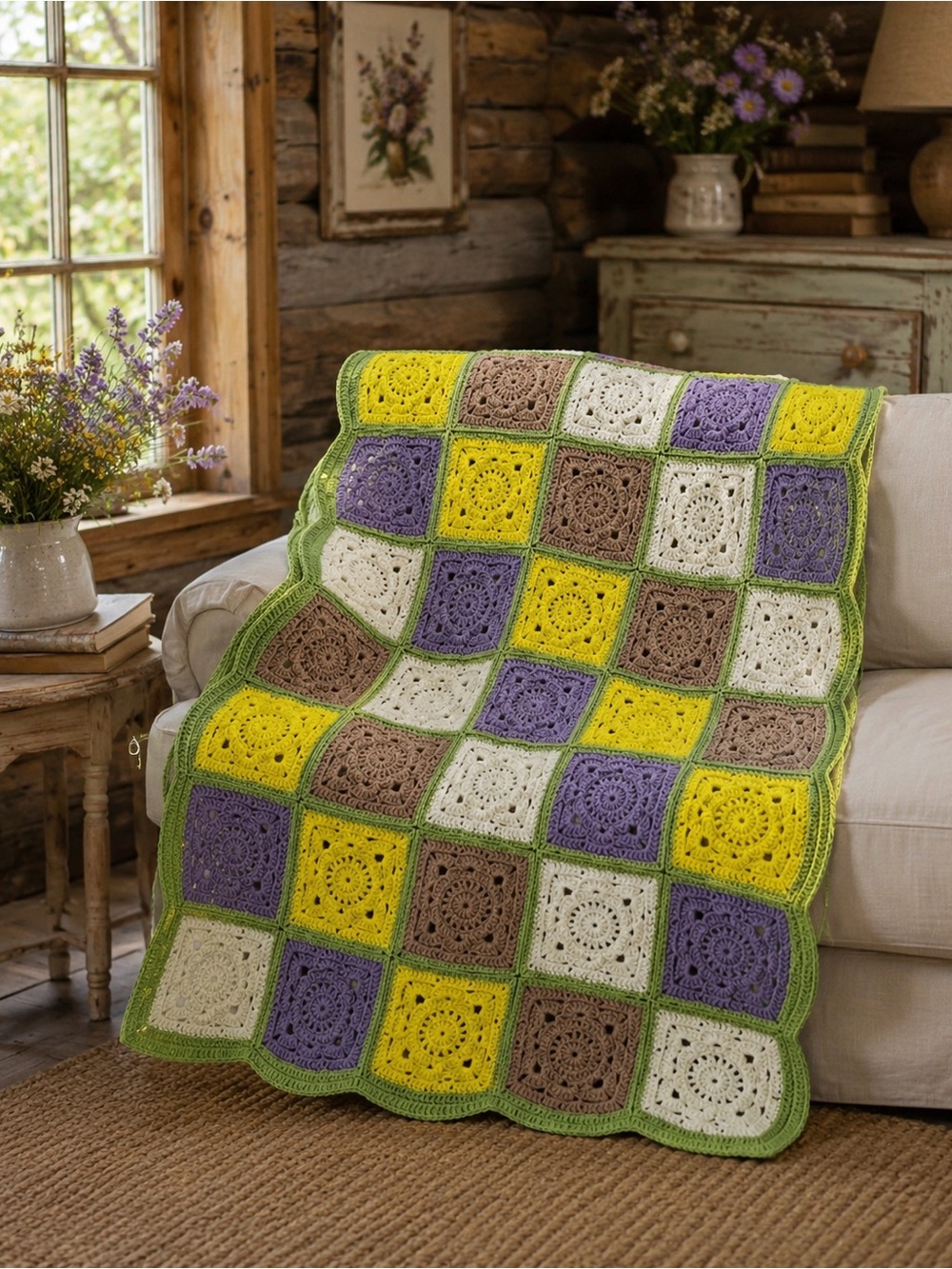 Handmade 39x59 Crochet Cottage  Core Blanket in Green, Yellow, Lavender & Cream